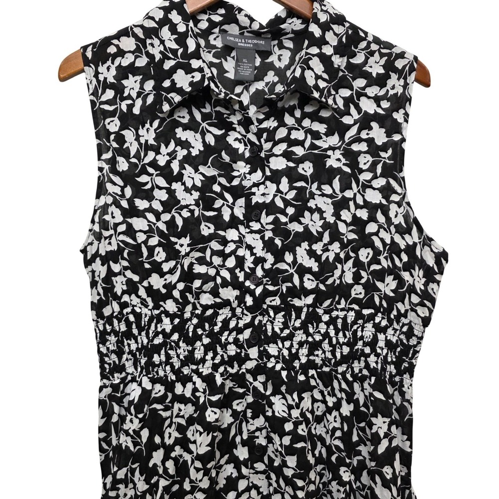 Chelsea & Theodore XL Black White Floral Cotton Smocked Midi Dress Sleeveless - Picture 2 of 13